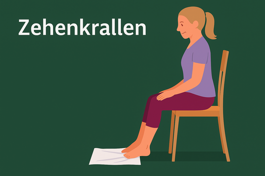 Seniorin übt Zehenkrallen für Gesunde Füße im Alter im sitzen