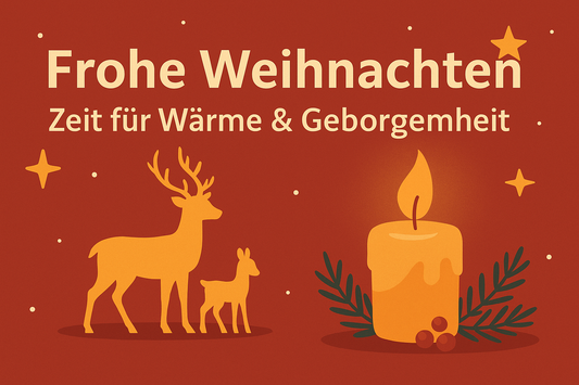 Stimmungsvolle Weihnachtsgrafik mit warmem Lichterglanz, Rentier-Silhouetten und einem festlichen Hausschuhmotiv – weihnachtliche Grüße von Schawos.