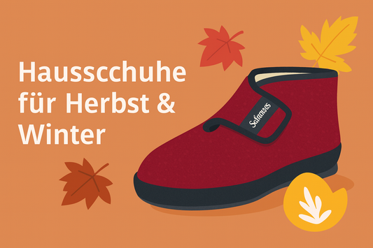 llustration eines roten Schawos-Hausstiefels vor herbstlichem Hintergrund mit bunten Blättern; daneben der Text „Hausschuhe für Herbst & Winter“