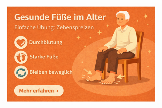 Ruhige Illustration eines älteren Mannes auf einem Stuhl, der barfuß seine Zehen auseinander spreizt. Die Grafik visualisiert eine einfache Fußübung für Seniorinnen und Senioren.
