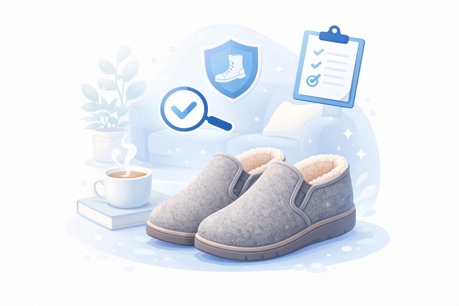 Illustration von Schawos Hausschuhen mit Schurwolle, rutschfester Sohle und Hinweisen zu Passform und Komfort im Ratgeberbereich.